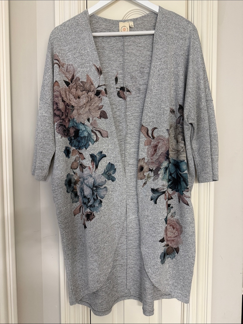 Light Gray Floral Open-Front Women's Cardigan